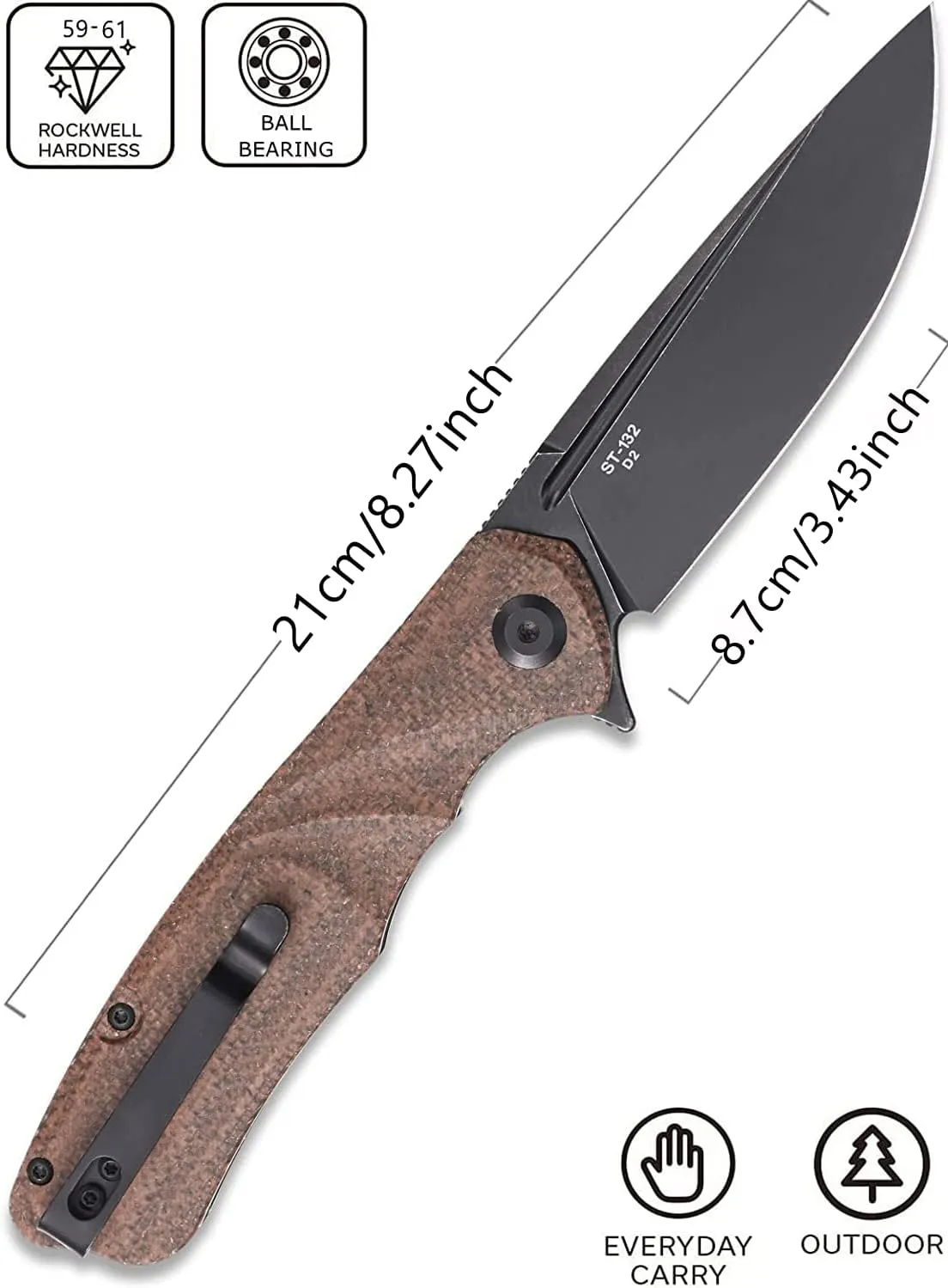 Sitivien ST132 Folding Knife,D2 Steel,Micarta Handle EDC Knife with Liner Lock for Outdoor Hiking Camping(Brown)