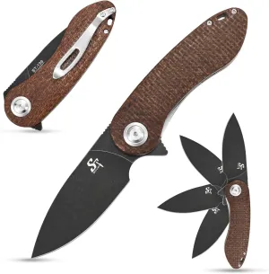 Sitivien ST139 Folding Knife Pocket Knife, Sandvik 14C28N Blade Micarta Handle EDC Tool Knifes for Outdoor Camping,Hiking,Hunting,Survival(Brown)