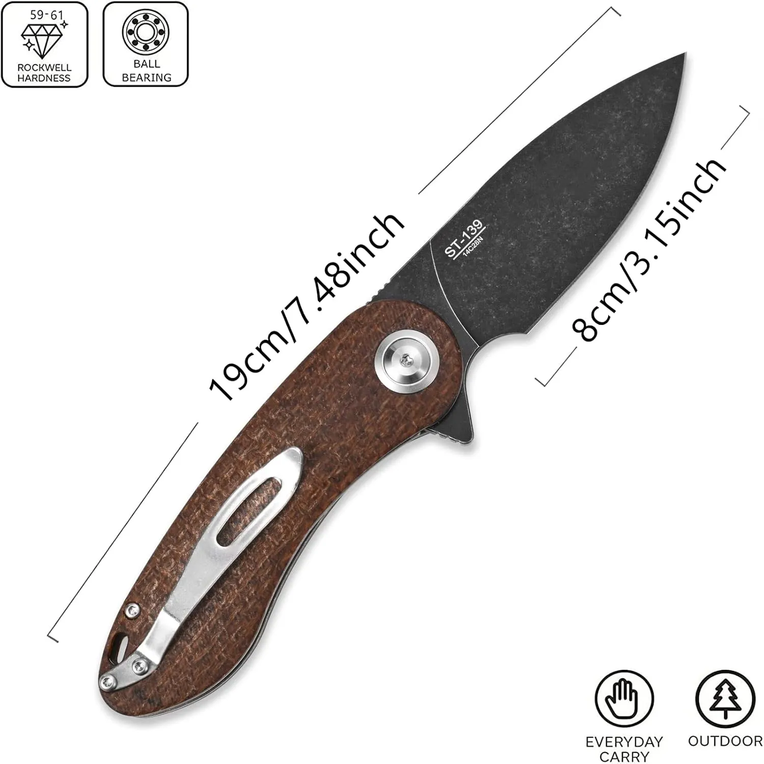 Sitivien ST139 Folding Knife Pocket Knife, Sandvik 14C28N Blade Micarta Handle EDC Tool Knifes for Outdoor Camping,Hiking,Hunting,Survival(Brown)