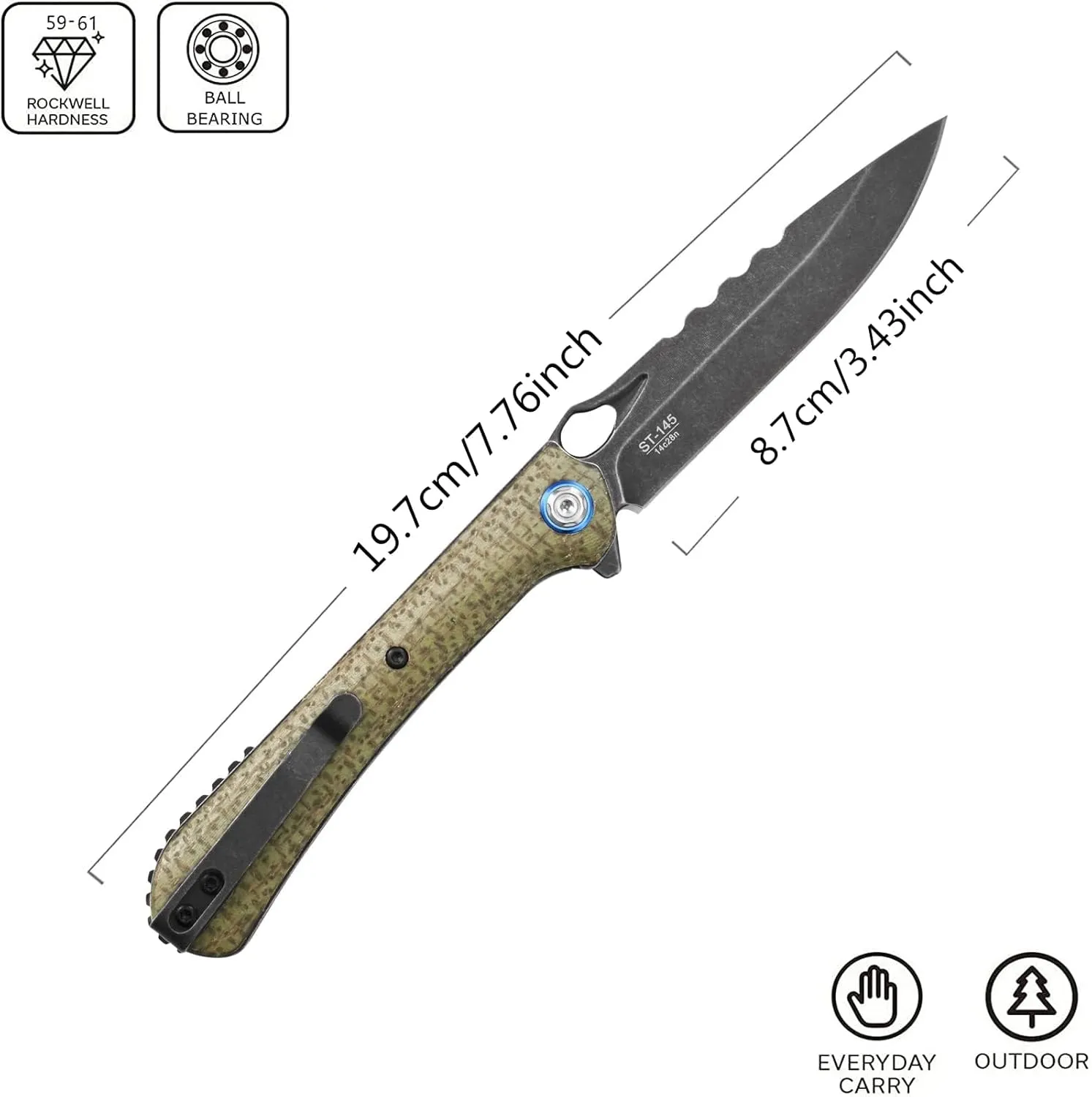 Sitivien ST145 Folding Pocket Knife,Black Stonewashed 14C28N Steel Blade,Micarta Handle EDC Tool Knife for Outdoor Survival,Camping,Hiking,Hunting(Green) …