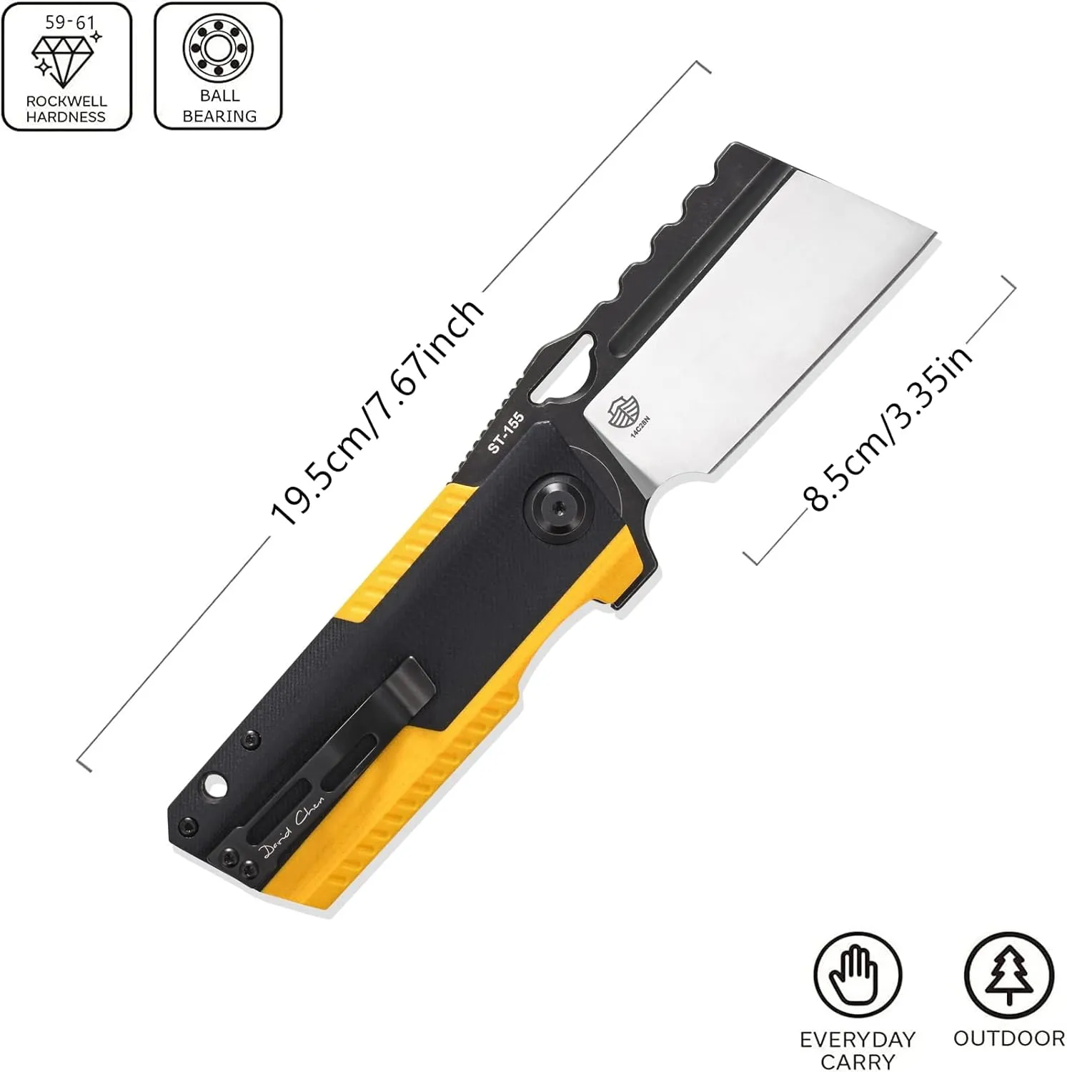 Sitivien ST155 Folding Knife,Sandvik 14C28N Steel Blade,G10 Handle EDC Tool Knife Pocket Knife for Fishing,Camping,Hiking(Black Yellow) …