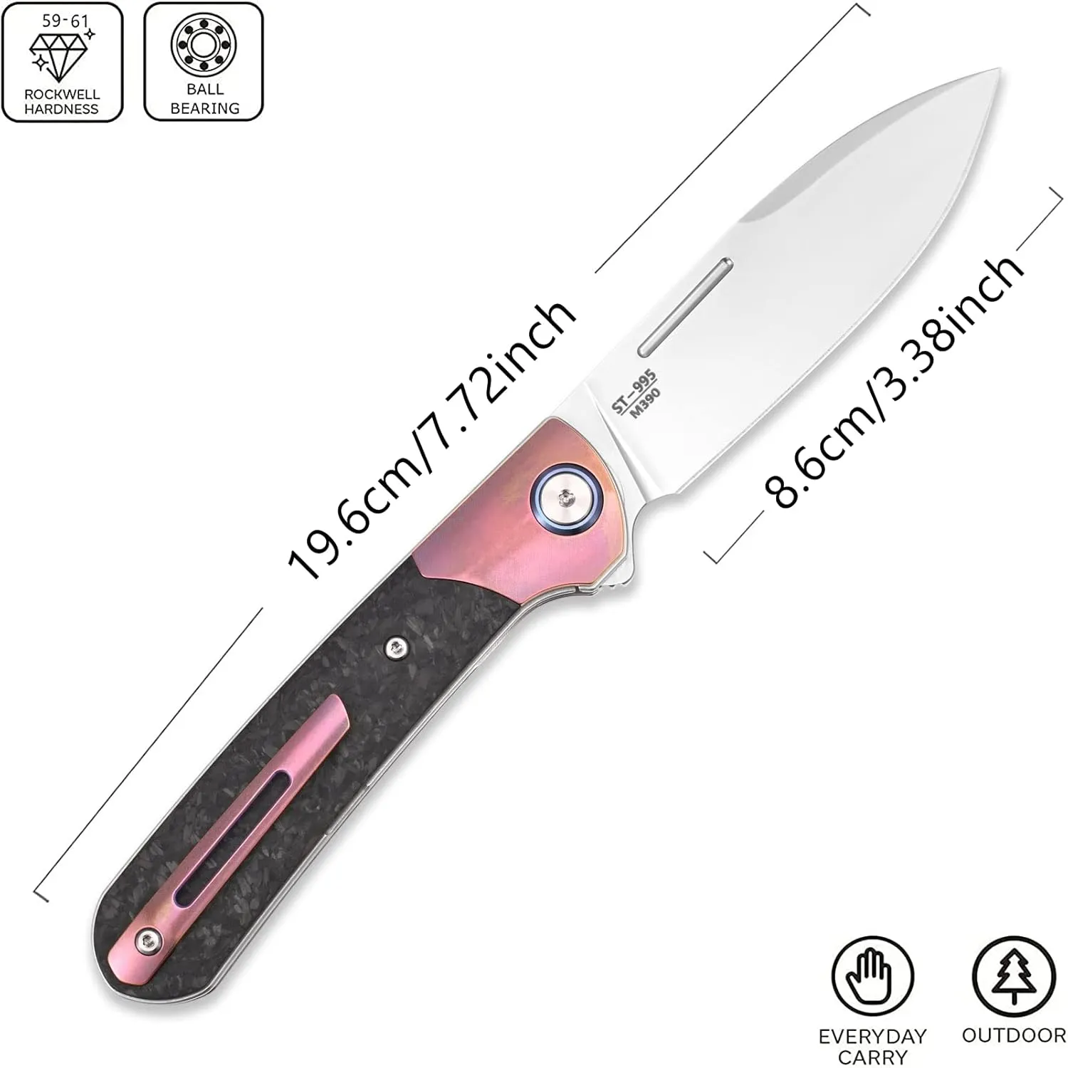 Sitivien ST995 Folding Pocket Knife,Handmade M390 Pearlescent Polishing Blade,Titanium & Carbon Fiber Handle EDC Tool Knife for Outdoor Camping,Hiking,Hunting,Survival(Pink) … …