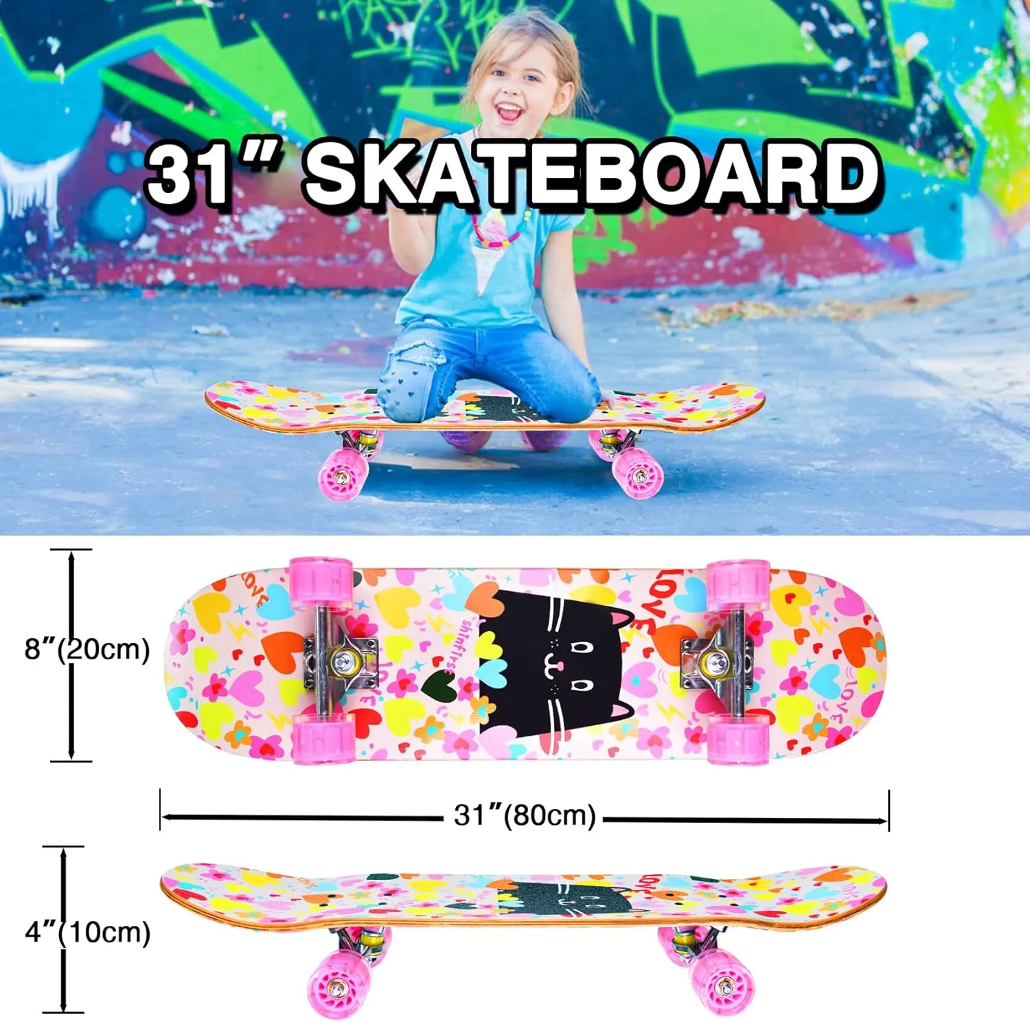 Skateboards for Beginners Kids Boys Girls Teens and Adults, 31 Inch Complete Standard Skateboards with 7-Layer Maple Double Kick Deck Unicorn and Skull Design