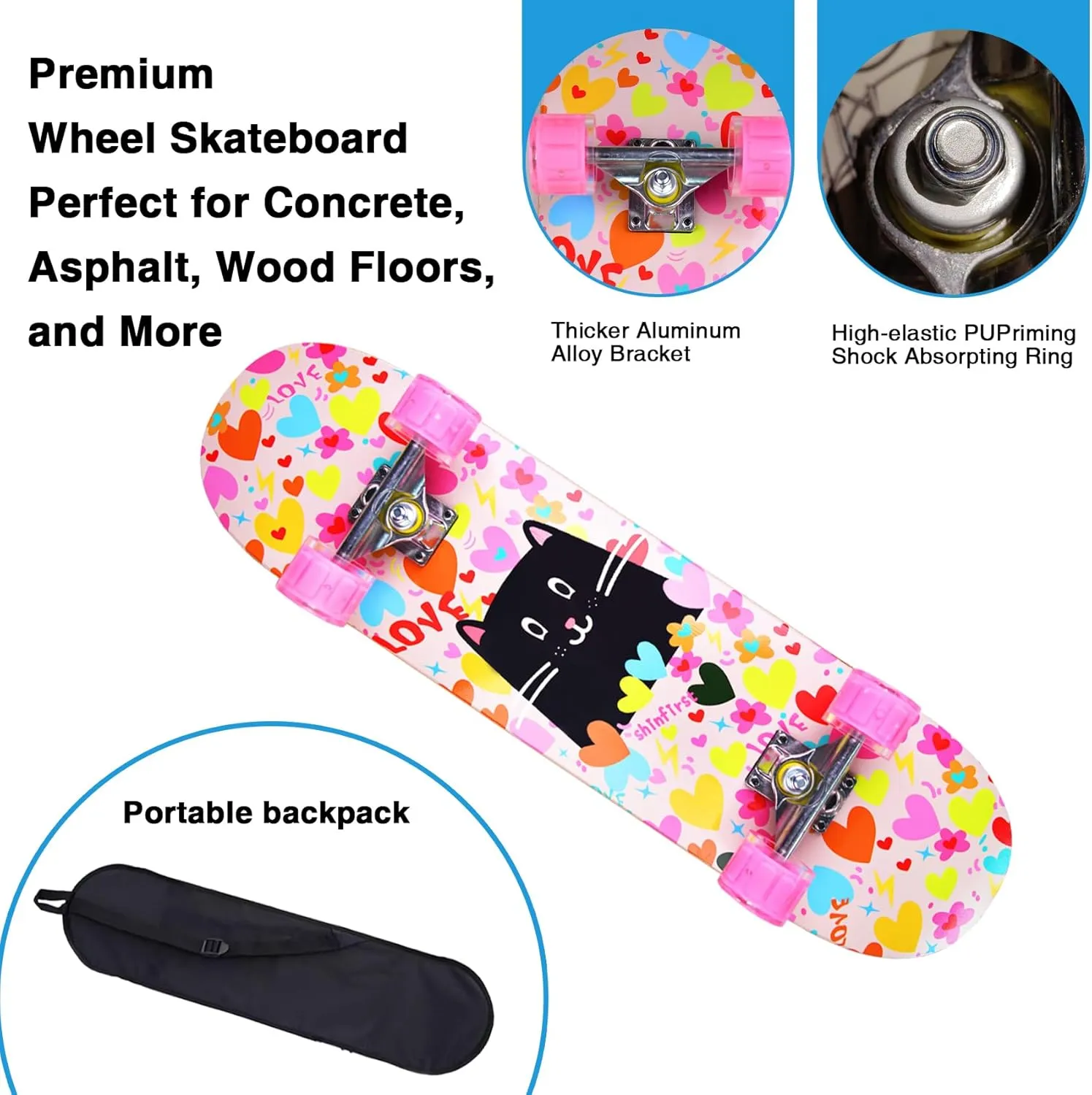 Skateboards for Beginners Kids Boys Girls Teens and Adults, 31 Inch Complete Standard Skateboards with 7-Layer Maple Double Kick Deck Unicorn and Skull Design