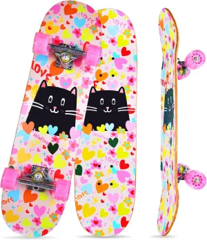 Skateboards for Beginners Kids Boys Girls Teens and Adults, 31 Inch Complete Standard Skateboards with 7-Layer Maple Double Kick Deck Unicorn and Skull Design