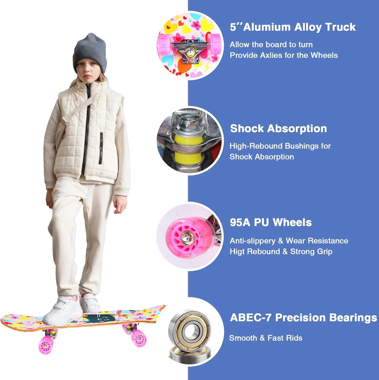 Skateboards for Beginners Kids Boys Girls Teens and Adults, 31 Inch Complete Standard Skateboards with 7-Layer Maple Double Kick Deck Unicorn and Skull Design