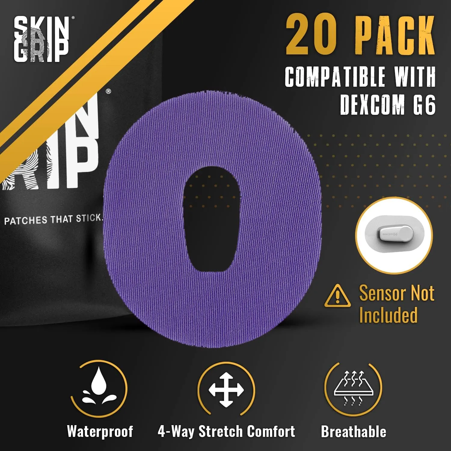 Skin Grip Adhesive Patch Compatible with Dexcom G6 Adhesive Patches Waterproof & Sweatproof with Cutout, Lasts 10-14 Days, Continuous Glucose Monitor Patch, CGM Sensor Cover – 20 Pack, Gemstones Pack