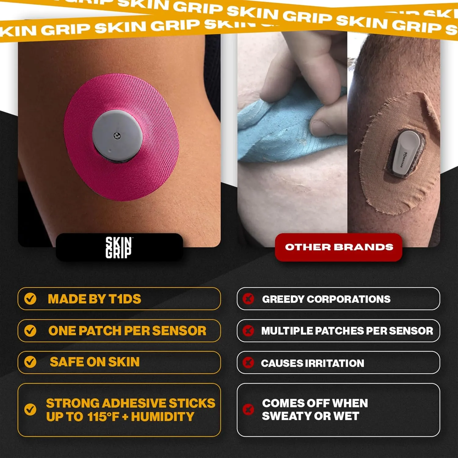 Skin Grip Freestyle Libre 2 & Lingo Sensors Cover – Compatible with Infusion Sets, Waterproof Adhesive Tape, Covers w/Cutout (Not for Libre3), Lasts 10-15 Days, CGM Sensor Patches, Pink