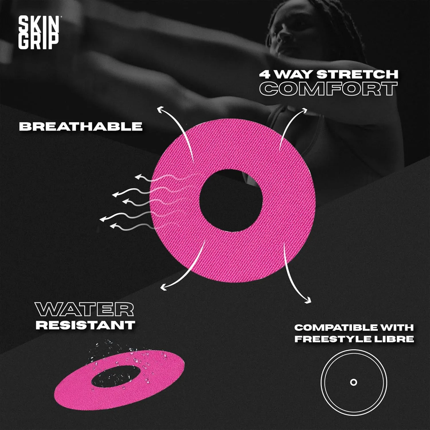 Skin Grip Freestyle Libre 2 & Lingo Sensors Cover – Compatible with Infusion Sets, Waterproof Adhesive Tape, Covers w/Cutout (Not for Libre3), Lasts 10-15 Days, CGM Sensor Patches, Pink