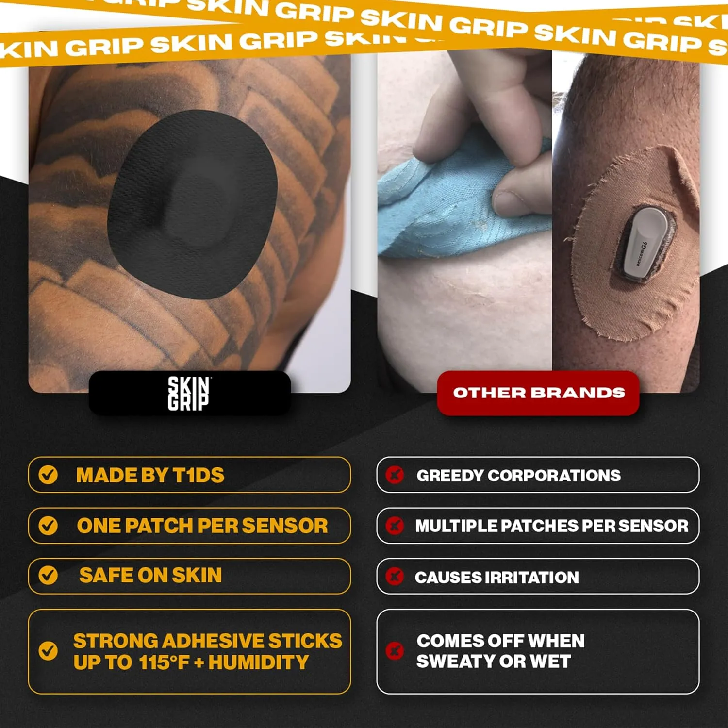 Skin Grip Freestyle Libre 2 Sensor Covers & Lingo CGM – Waterproof and Sweatproof Adhesive for 10-15 Days, Pre-Cut Medical Tape, Continuous Glucose Monitor Patch – 20 Pack, Black