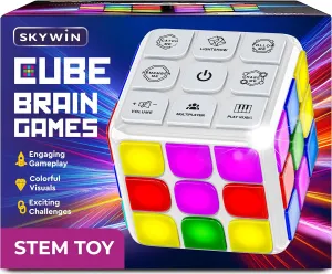 Skywin Puzzle STEM Memory Cube Game, Entertaining, Fun & Unique Flashing Memory Cube, Electronic Memory & Speed Game Development for Kids & Adults, Brain Hands and Eyes Coordination Game Cubes (White)