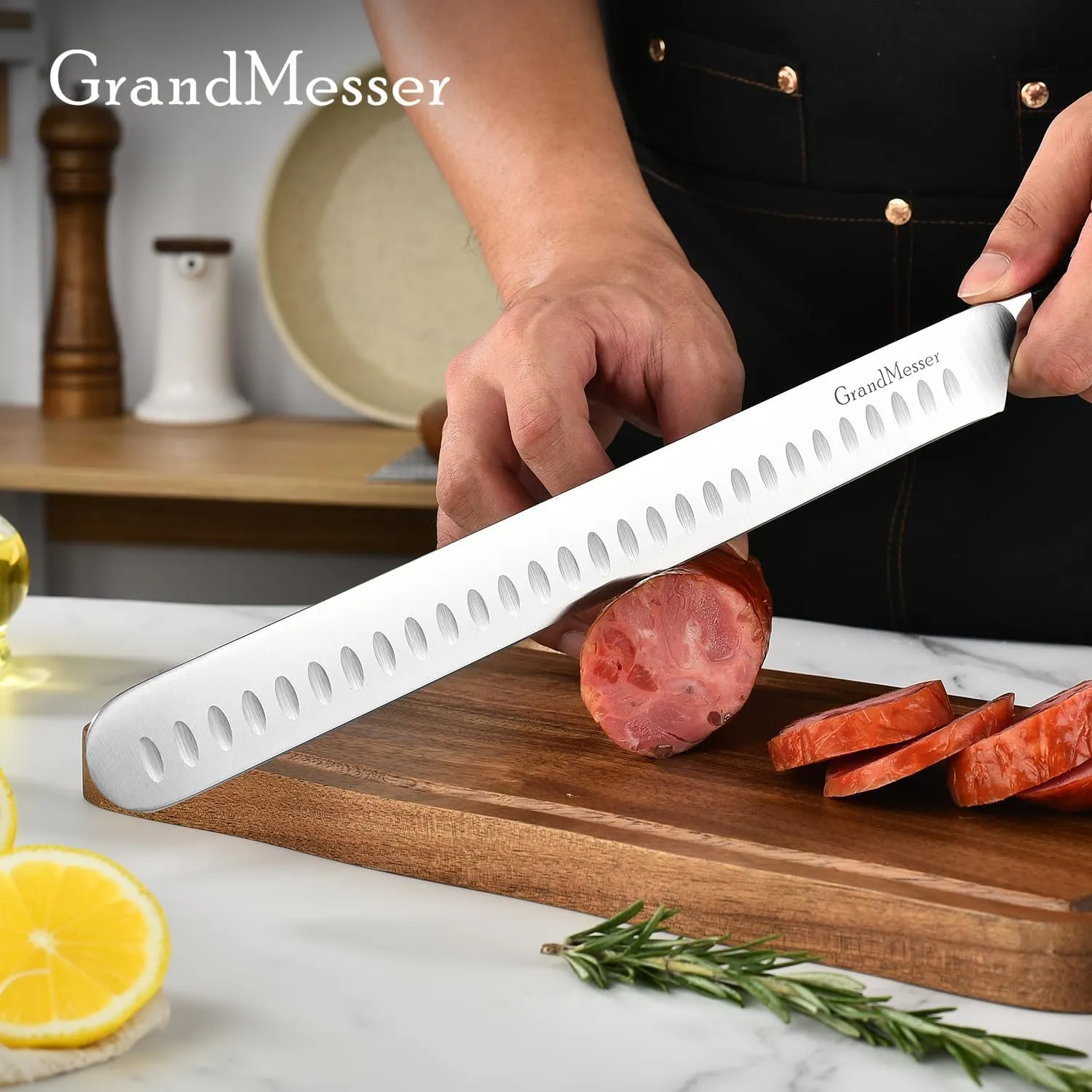 Slicing Carving Knife, 12" Brisket Knife, Ergonomic Handle Design, for Cutting BBQ Turkey Ham Rib Roast Beef with Sharpener.