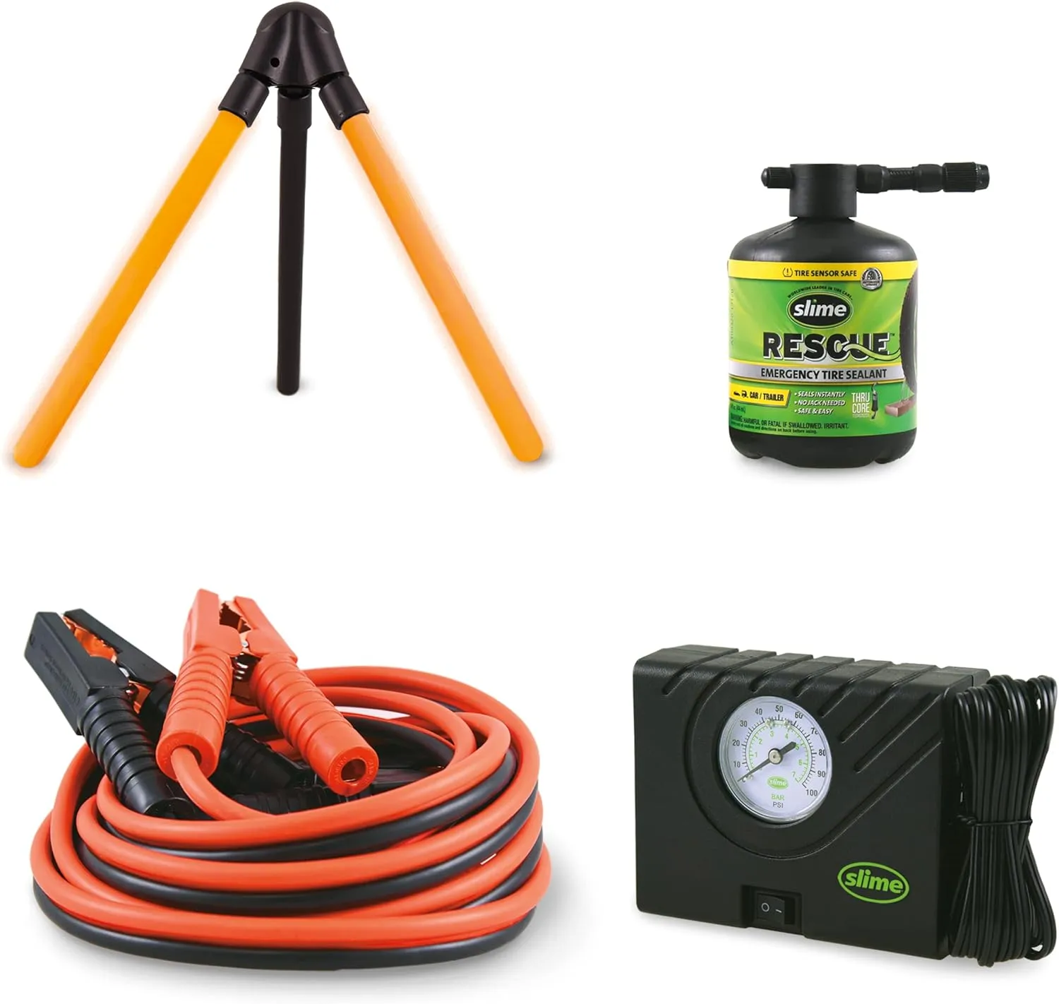 Slime 50154 Emergency Roadside Kit with Flat tire Repair and Booster Cables for Compact Cars, Standard Cars and Crossovers