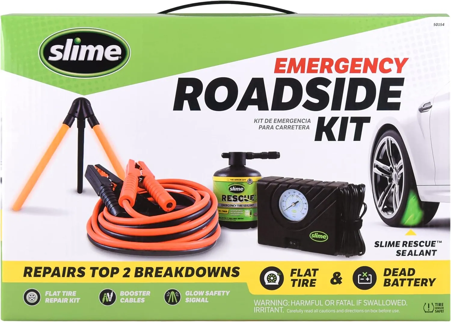 Slime 50154 Emergency Roadside Kit with Flat tire Repair and Booster Cables for Compact Cars, Standard Cars and Crossovers