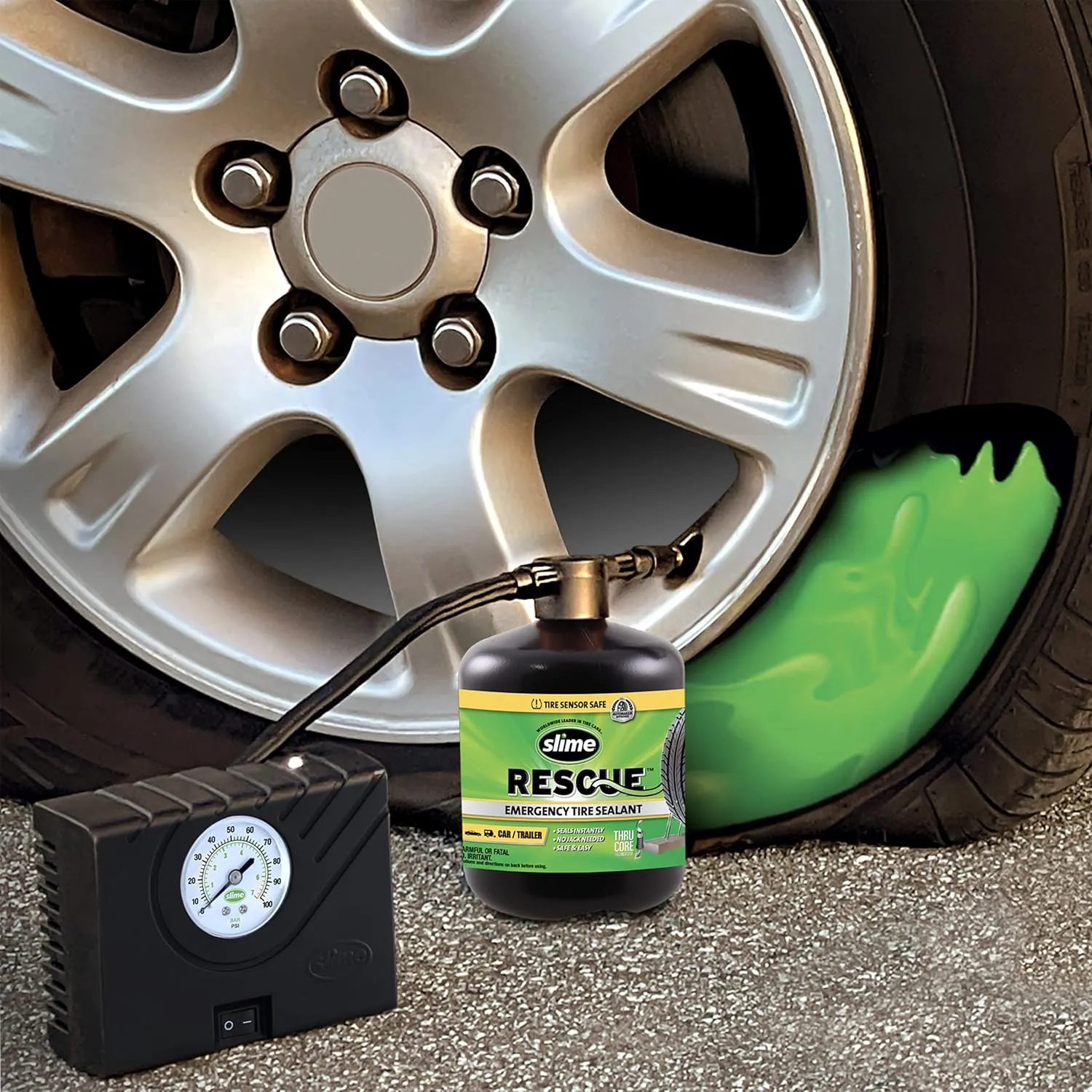 Slime 50154 Emergency Roadside Kit with Flat tire Repair and Booster Cables for Compact Cars, Standard Cars and Crossovers