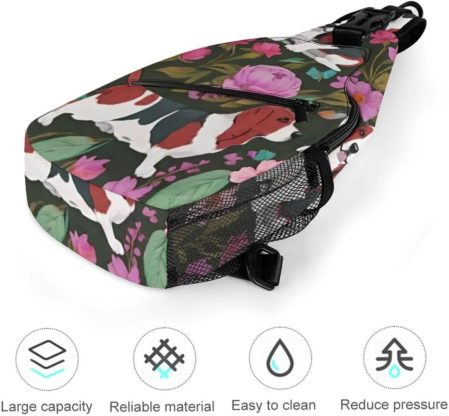 Sling Bag Backpack for Men Women Multipurpose Anti-Theft Satchel Bookbags Travel Rucksack Daypack Bookbag, Basset Hound Dog Flower Art Shoulder Crossbody Bag Chest Pack