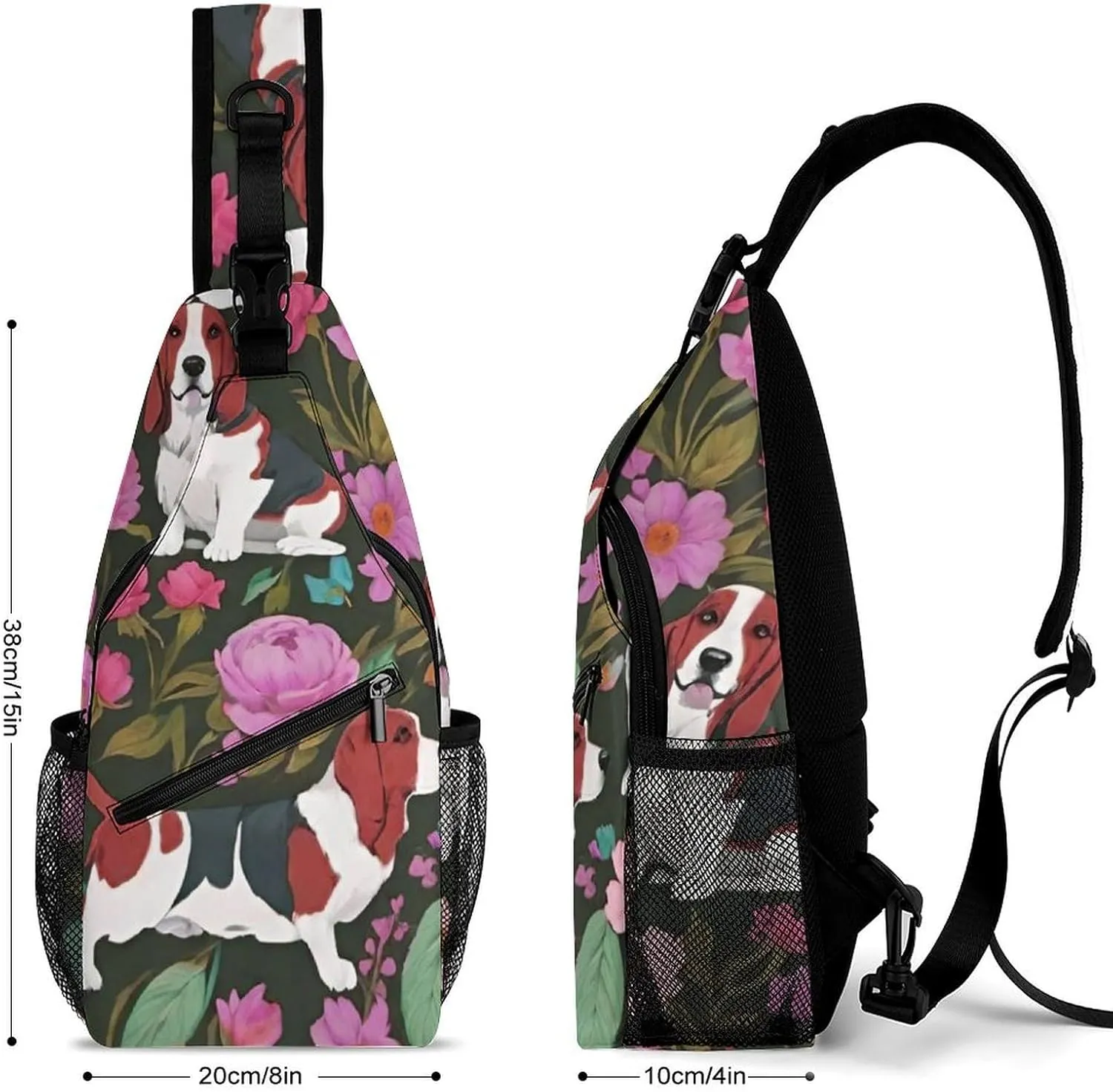 Sling Bag Backpack for Men Women Multipurpose Anti-Theft Satchel Bookbags Travel Rucksack Daypack Bookbag, Basset Hound Dog Flower Art Shoulder Crossbody Bag Chest Pack