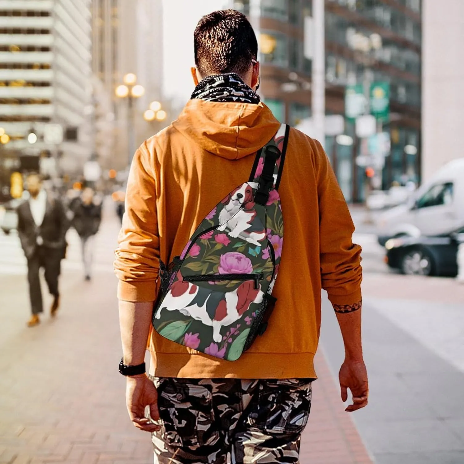 Sling Bag Backpack for Men Women Multipurpose Anti-Theft Satchel Bookbags Travel Rucksack Daypack Bookbag, Basset Hound Dog Flower Art Shoulder Crossbody Bag Chest Pack