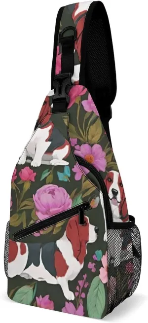 Sling Bag Backpack for Men Women Multipurpose Anti-Theft Satchel Bookbags Travel Rucksack Daypack Bookbag, Basset Hound Dog Flower Art Shoulder Crossbody Bag Chest Pack