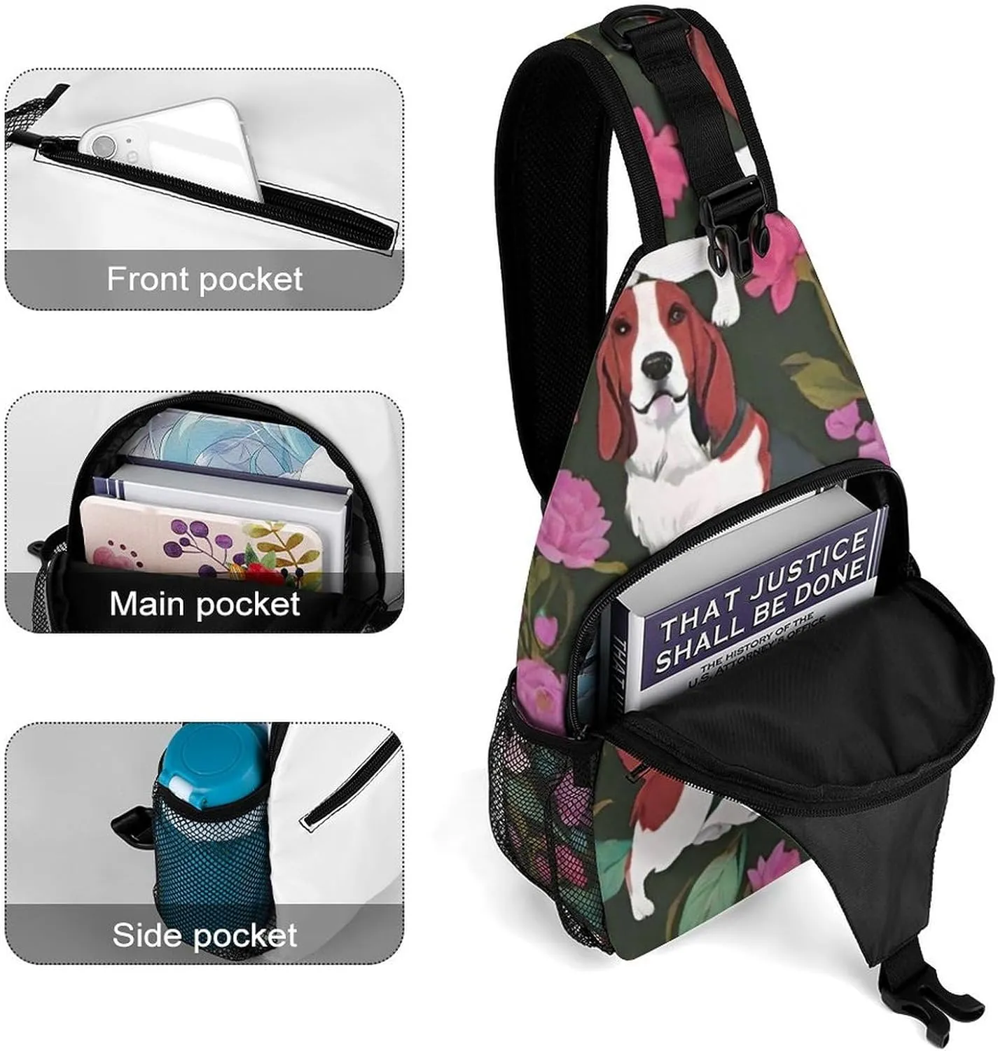 Sling Bag Backpack for Men Women Multipurpose Anti-Theft Satchel Bookbags Travel Rucksack Daypack Bookbag, Basset Hound Dog Flower Art Shoulder Crossbody Bag Chest Pack