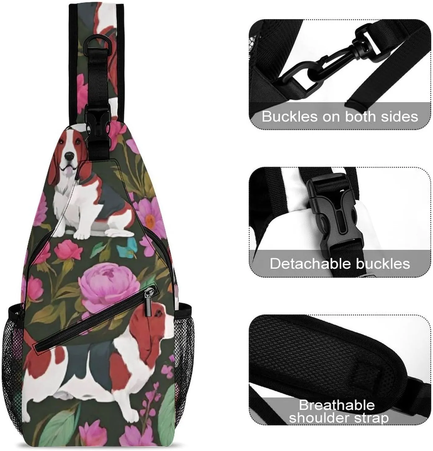 Sling Bag Backpack for Men Women Multipurpose Anti-Theft Satchel Bookbags Travel Rucksack Daypack Bookbag, Basset Hound Dog Flower Art Shoulder Crossbody Bag Chest Pack