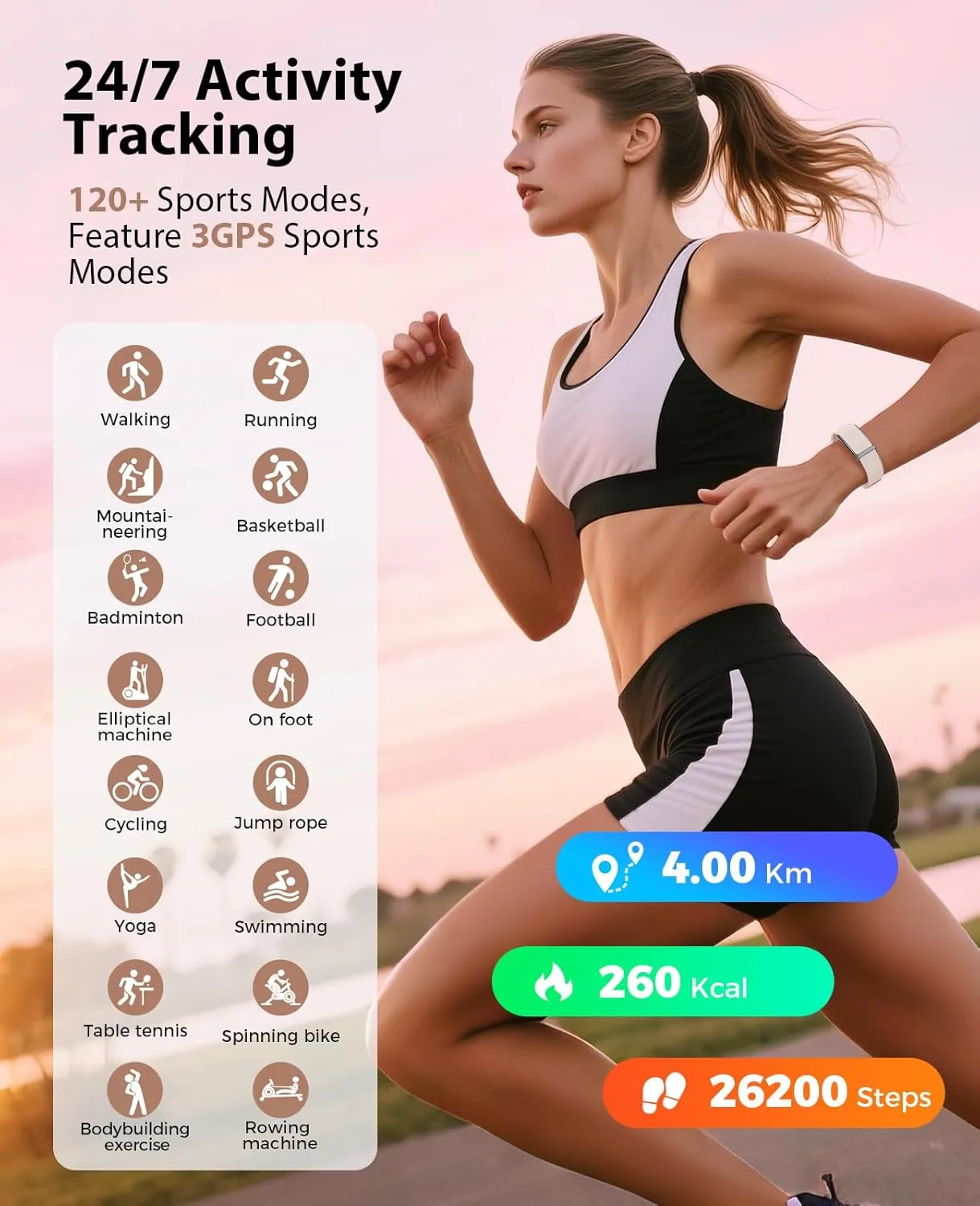 Smart Bracelet, Wearable Activity & Fitness Tracker Band, 24H Sleep Tracker, All-Day Continuous Heart Rate Blood Pressure Stress HRV Monitor, 120  Sport Modes Smart Wristband with 2 Bands, Free APP