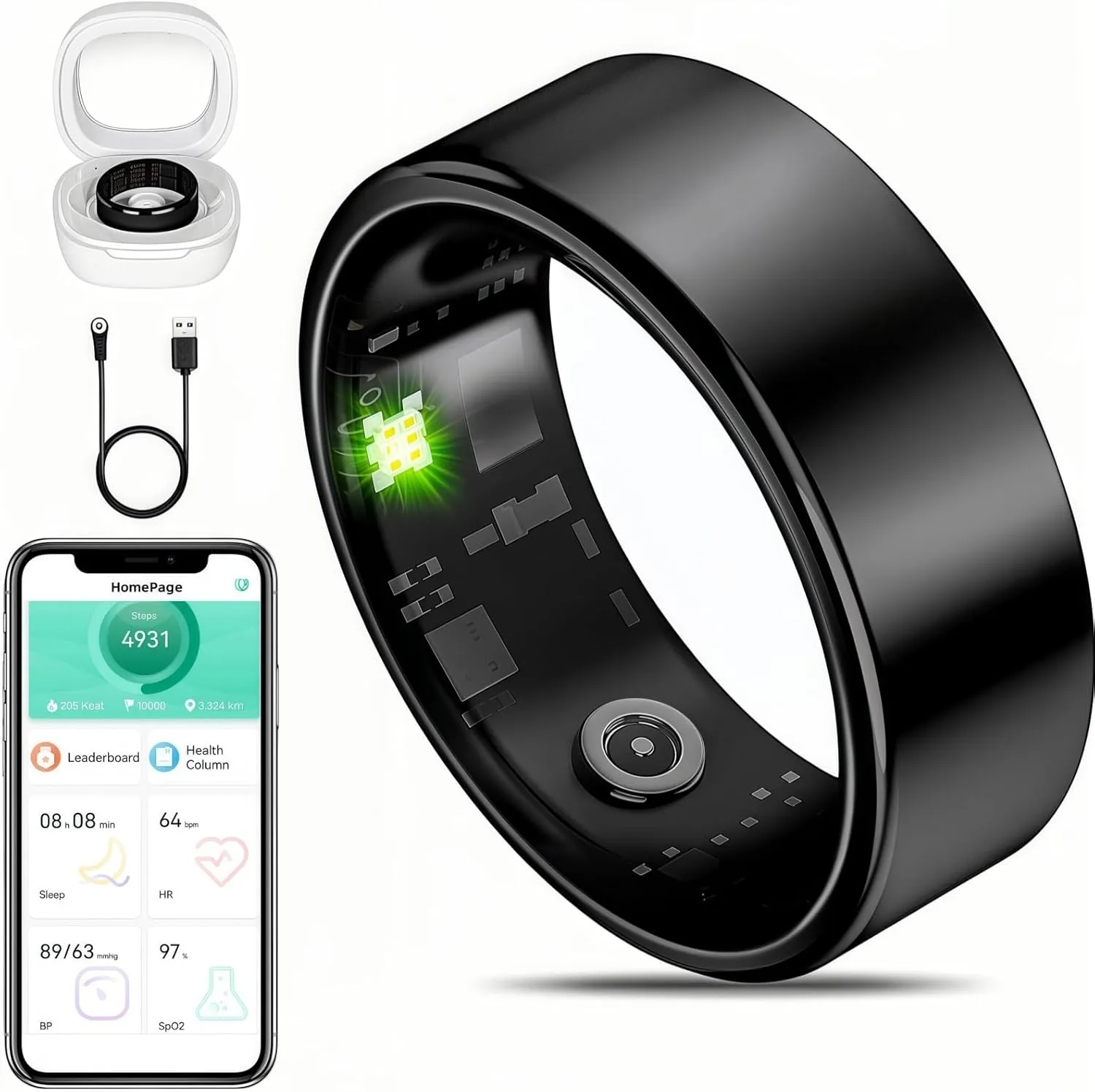 Smart Ring Fitness Tracker for iOS & Android – Sleep Monitor Heart Rate Blood Oxygen & Pressure 8 Sports Modes IP68 Waterproof NO Subscription Long Battery Life (Carbon Black, 9#(18.95mm/0.746in))