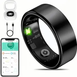 Smart Ring Fitness Tracker for iOS & Android – Sleep Monitor Heart Rate Blood Oxygen & Pressure 8 Sports Modes IP68 Waterproof NO Subscription Long Battery Life (Carbon Black, 9#(18.95mm/0.746in))