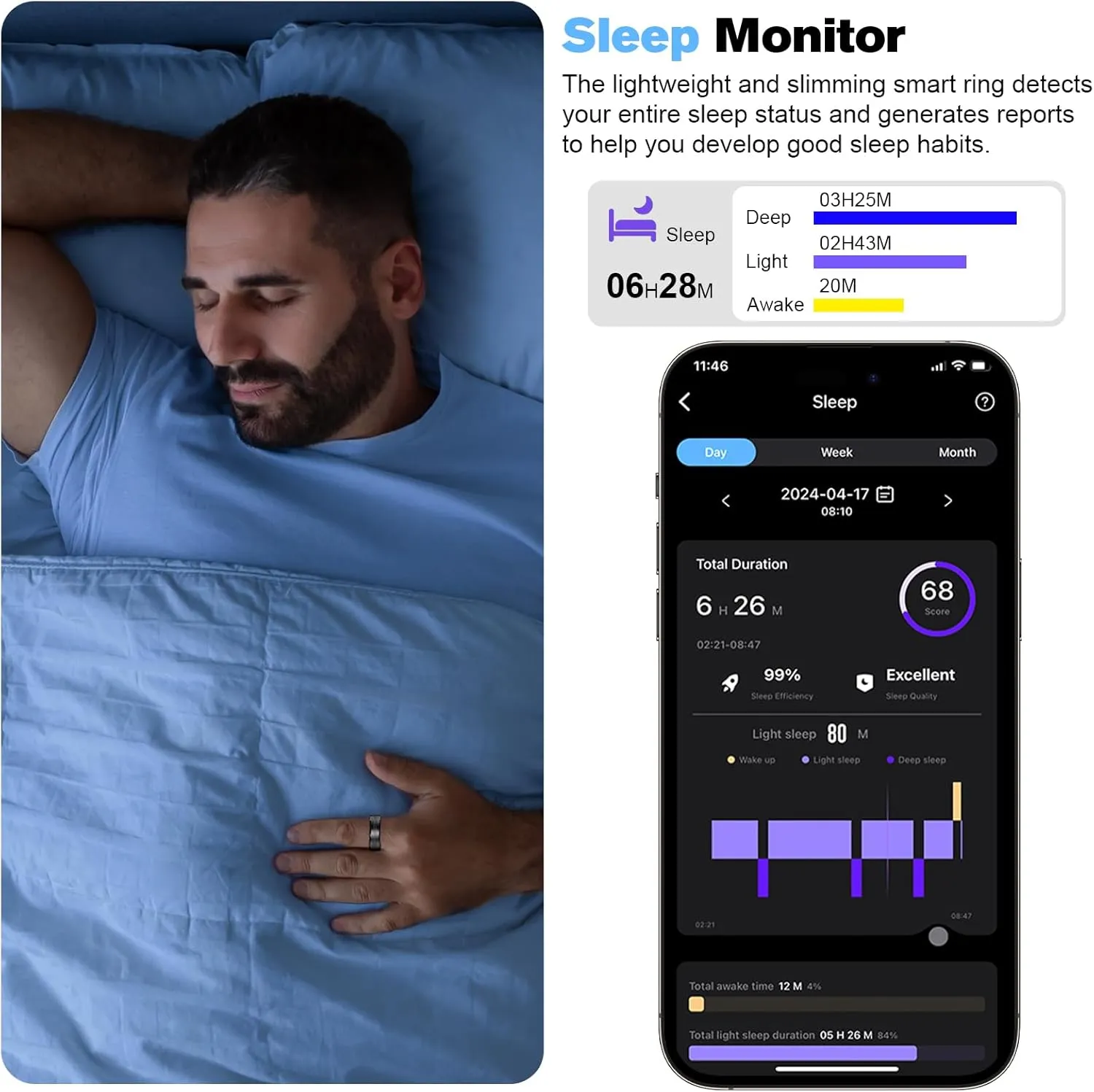 Smart Ring Health Tracker for Men/Women,Fitness Ring Sleep Tracker,Fast Charging for Long-Lasting Use,for Pedometer Exercise,Monitor Sleep, Heart Rate, Stress,Waterproof (Deep Gray, 8)