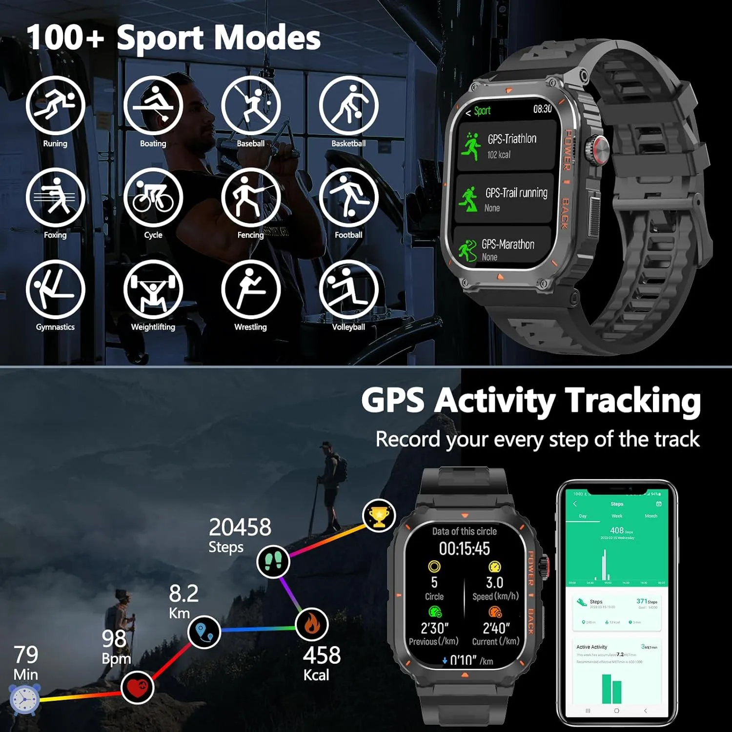 Smart Watch for Men, Military GPS Smartwatches with Call/Text, Health Monitor(Heart Rate/SpO2/Sleep), Compass/Altitude/Barometer, Outdoor Fitness Tracker for iPhone/Android(with GPS, Black)