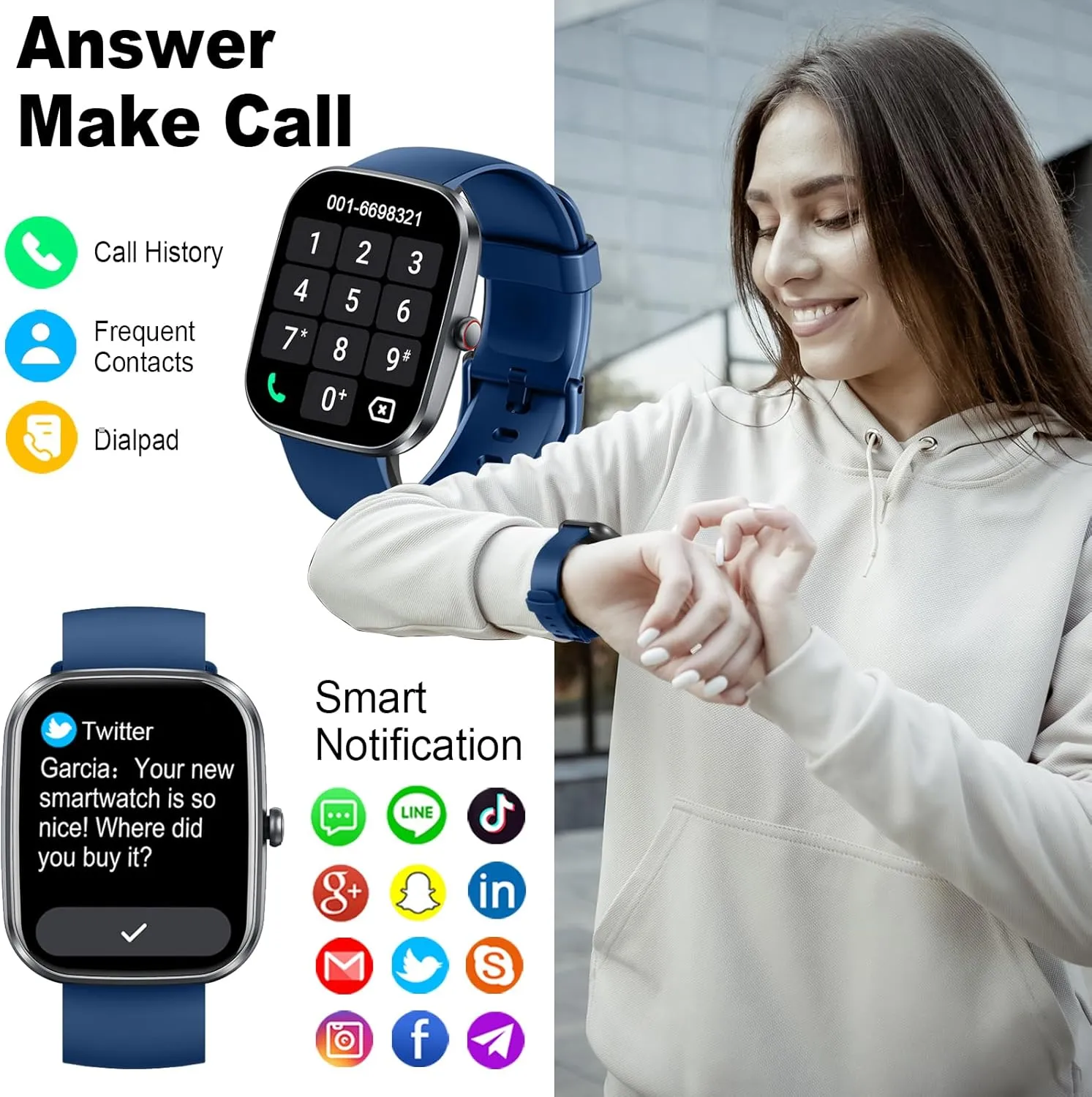 Smart Watch(Answer/Make Call), 1.91" Smartwatch for Men Women, New Fitness Watch with 110  Sport Modes, Fitness Activity Tracke with Pedometer/Sleep Monitor//IP68 Waterproof, for Android iOS, Blue