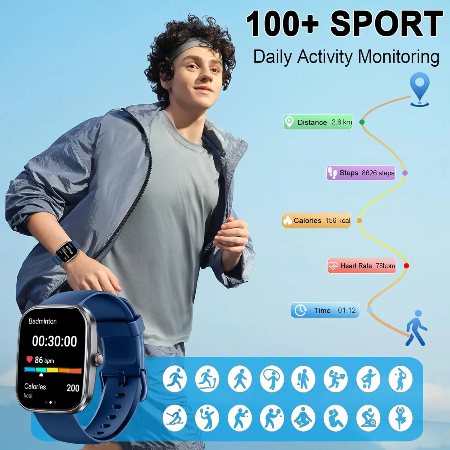 Smart Watch(Answer/Make Call), 1.91" Smartwatch for Men Women, New Fitness Watch with 110  Sport Modes, Fitness Activity Tracke with Pedometer/Sleep Monitor//IP68 Waterproof, for Android iOS, Blue