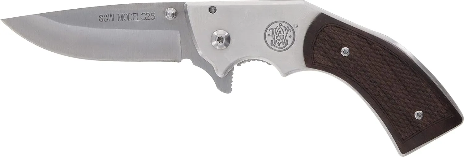 Smith & Wesson 7.5in Stainless Steel Model 325 Revolver Folding Knife with 3in Drop Point Blade, Rosewood Handle and Leather Holster for Outdoor, Tactical, Survival and EDC