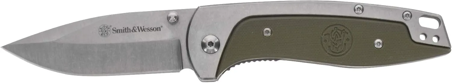 Smith & Wesson Freighter 7.6in High Carbon S.S. Folding Knife with 3.2in Drop Point Blade and Stainless/G10 Handle for Outdoor, Tactical, Survival and EDC
