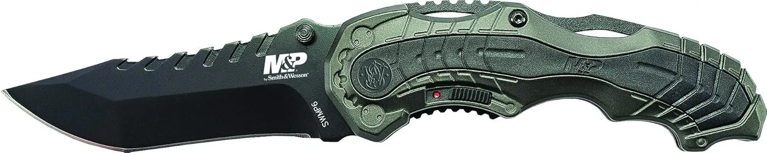 Smith & Wesson SWMP6 7.7in High Carbon S.S. Assisted Folding Knife with 3.4in Clip Point Blade and Aluminum Handle for Outdoor, Tactical, Survival and EDC,Black