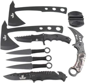 Snake Eye 6pc Tactical Set Full Tang Fixed Blade Knife Assisted Pocket Knife Folding Knife Tomahawk Throwing Axe 3pc Throwing Knives Gift Set (Black)