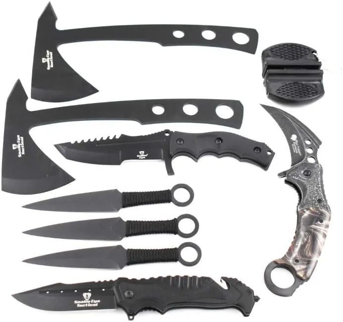 Snake Eye 6pc Tactical Set Full Tang Fixed Blade Knife Assisted Pocket Knife Folding Knife Tomahawk Throwing Axe 3pc Throwing Knives Gift Set (Black)