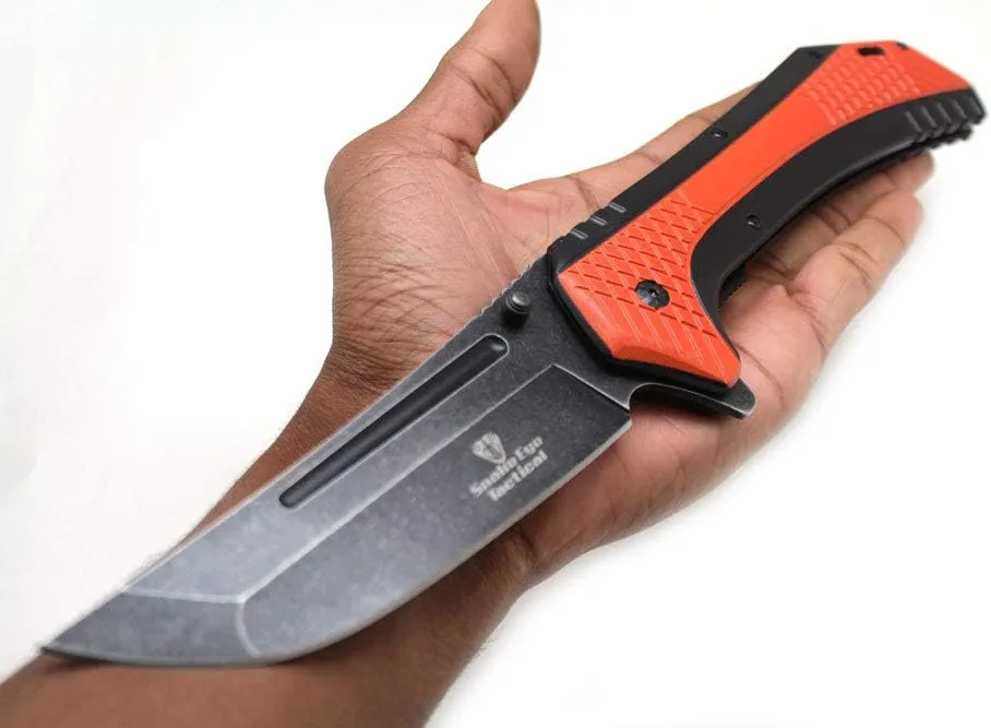 Snake Eye Tactical 12" Heavy Duty Stonewashed Blade Ultra Smooth One Hand Opening Folding Pocket Knife Limited Edition Collectors Knife - Ideal for Recreational Work Hiking Camping (Orange)