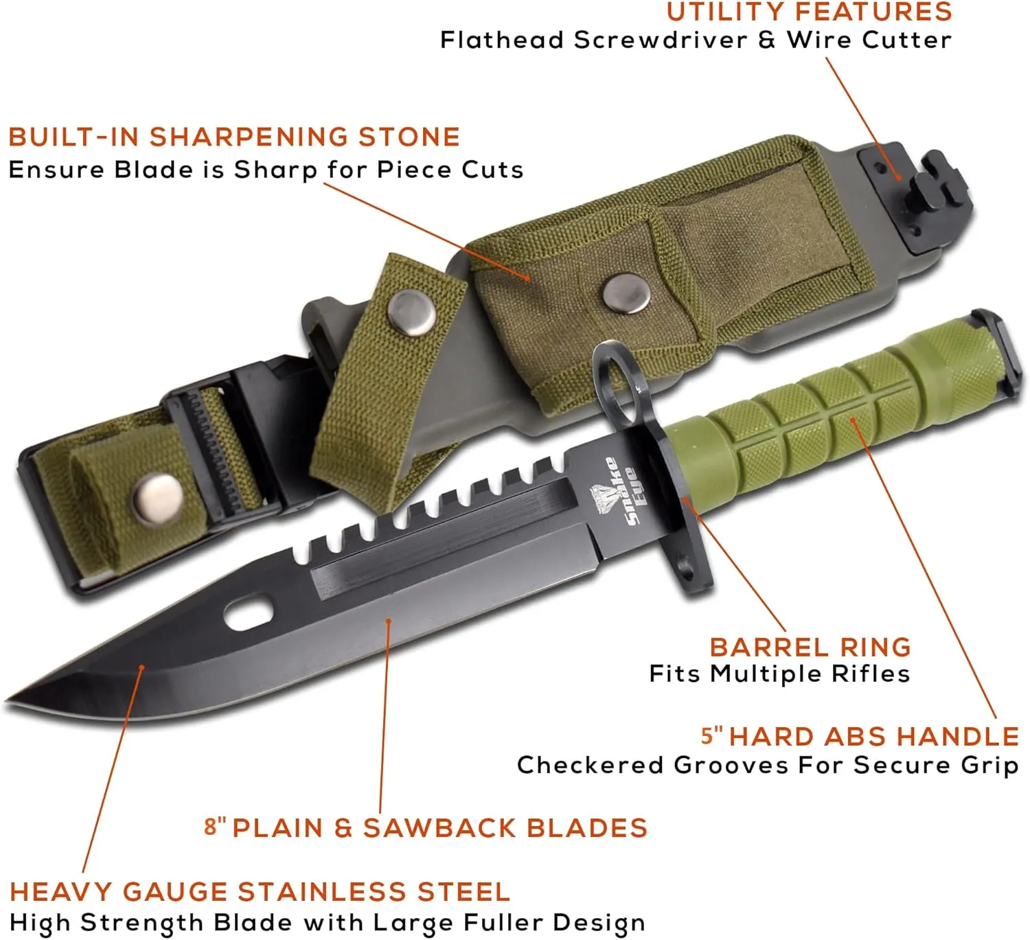 Snake Eye Tactical Fixed Blade Survival Knife, 13-Inch Overall (Green)