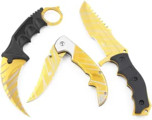 Snake Eye Tactical Triple Set Fixed Blade Mini Huntsman Folding Knife Outdoors Hunting Camping Fishing Self Defense (Gold)