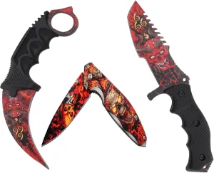Snake Eye Tactical Triple Set Fixed Blade Mini Huntsman Folding Knife Outdoors Hunting Camping Fishing Self Defense (Red-Demon)