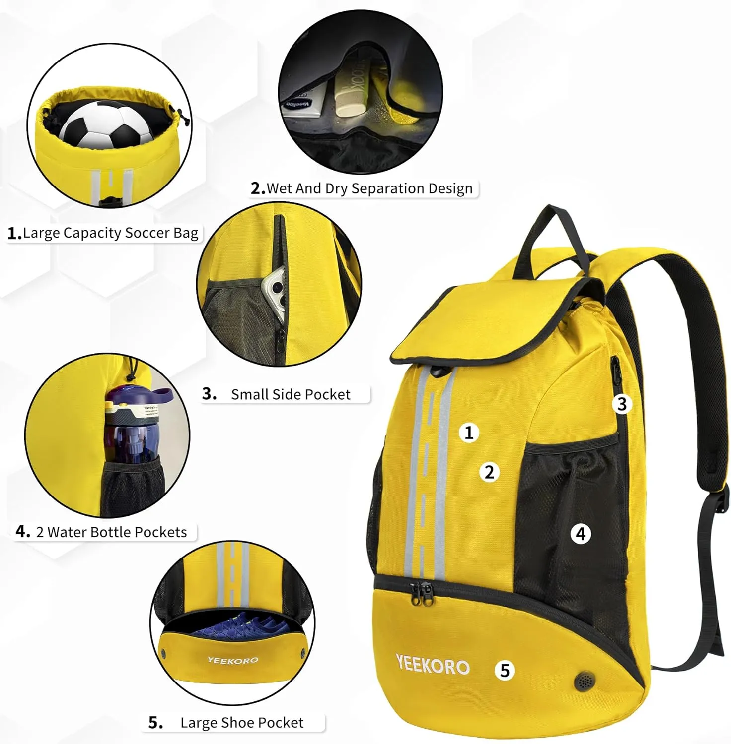 Soccer Backpack Multifunctional Sport Gym Bags with Dry-wet Separate & Shoe Compartment for Basketball Volleyball