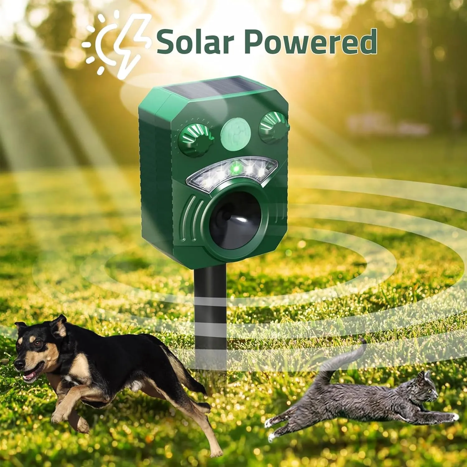 Solar Powered Animal Repeller Ultrasonic Dog Deterrent Waterproof Cat Repellent Outdoor Squirrel Deer Racoon Fox Control Device with RIP Sensor Flashing Light and 5 Modes