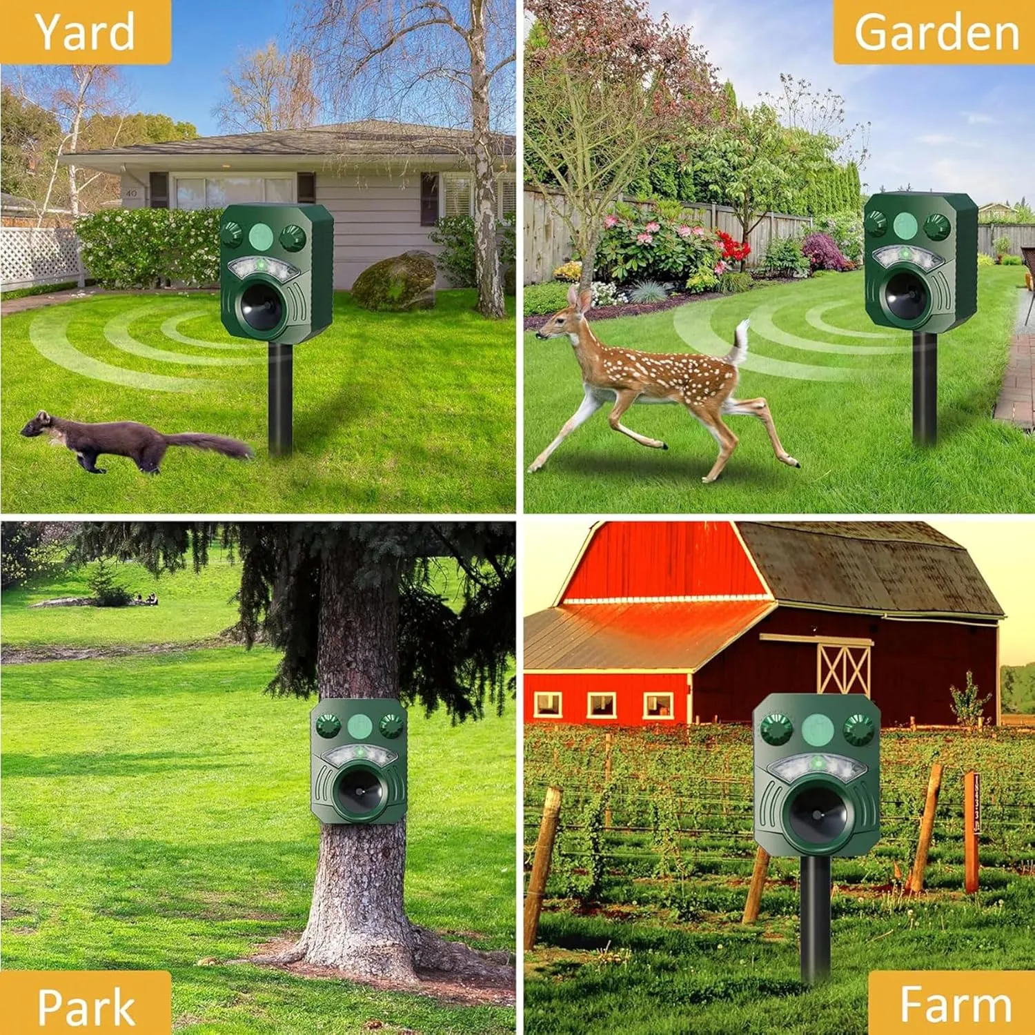 Solar Powered Animal Repeller Ultrasonic Dog Deterrent Waterproof Cat Repellent Outdoor Squirrel Deer Racoon Fox Control Device with RIP Sensor Flashing Light and 5 Modes