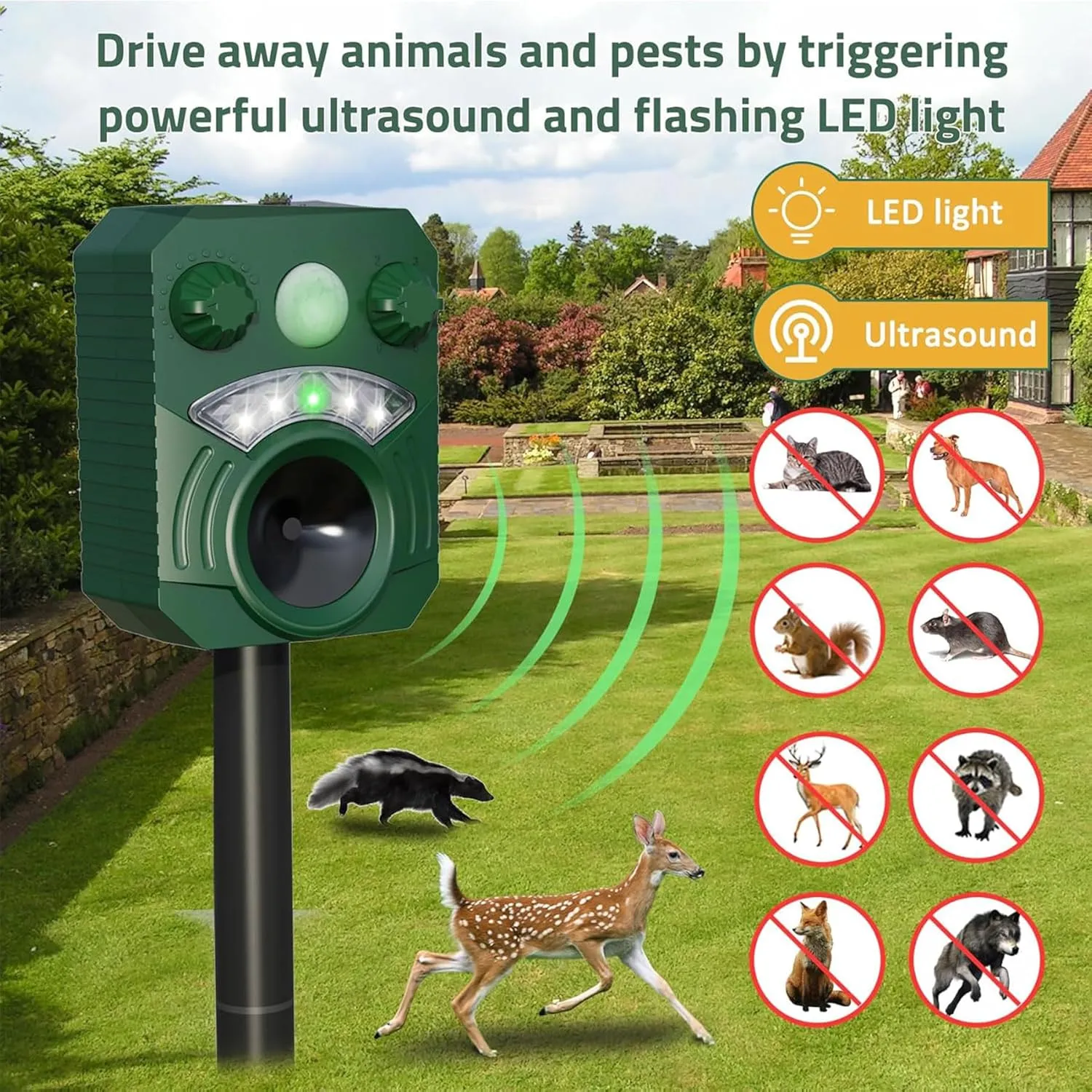 Solar Powered Animal Repeller Ultrasonic Dog Deterrent Waterproof Cat Repellent Outdoor Squirrel Deer Racoon Fox Control Device with RIP Sensor Flashing Light and 5 Modes