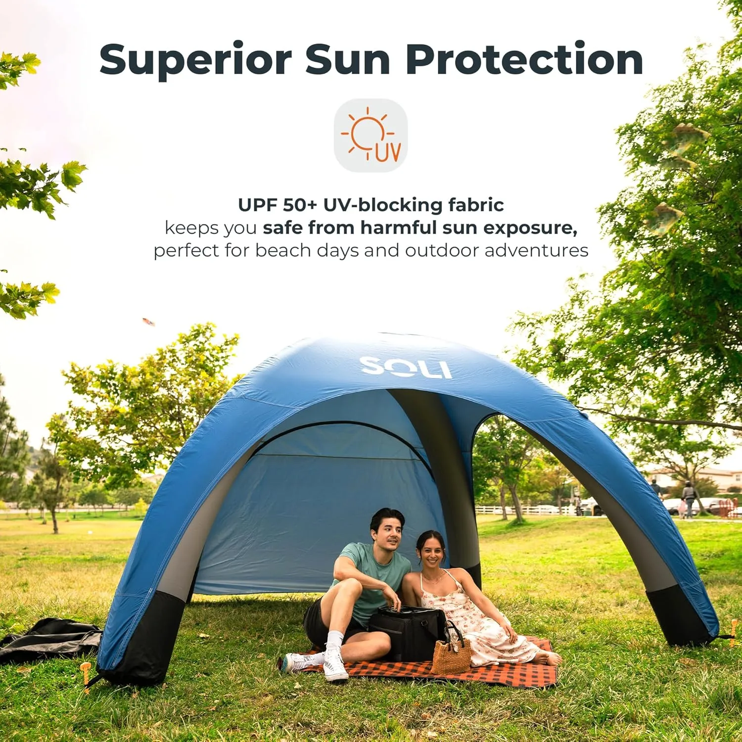 SOLI Inflatable Shade Air Canopy - Quick Self-Inflating Sun Shelter with Air Pump, UPF 50  Sun Protection, Travel-Friendly, Stable Anchors for Beach, Camping & Backyard Use (Cool Grey) - 10 ft