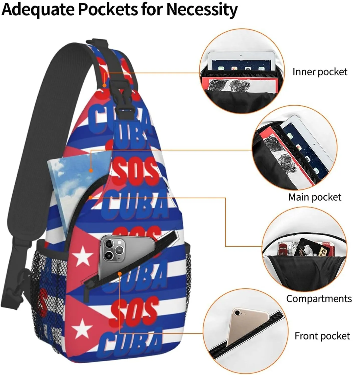 SOS Cuba Flag Crossbody Bag Cross Chest Bag Adjustable Sling Backpack Sports Gym Shoulder Bags Travel Cycling Daypack Diagonally Casual Rucksack
