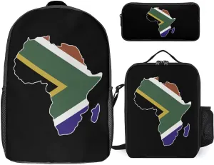South Africa Flag Africa Map 3Pcs Laptop Backpack Set 17 Inch Daypack with Lunch Bag Pencil Case Set for Travel Work