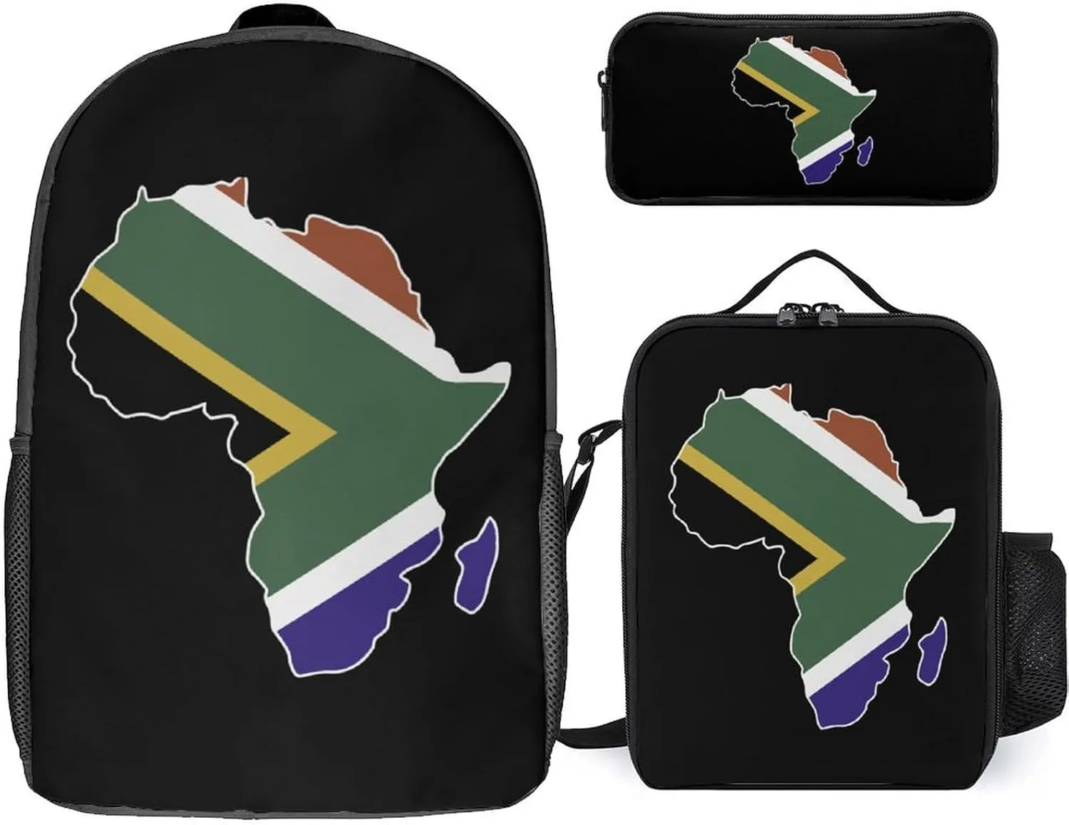 South Africa Flag Africa Map 3Pcs Laptop Backpack Set 17 Inch Daypack with Lunch Bag Pencil Case Set for Travel Work