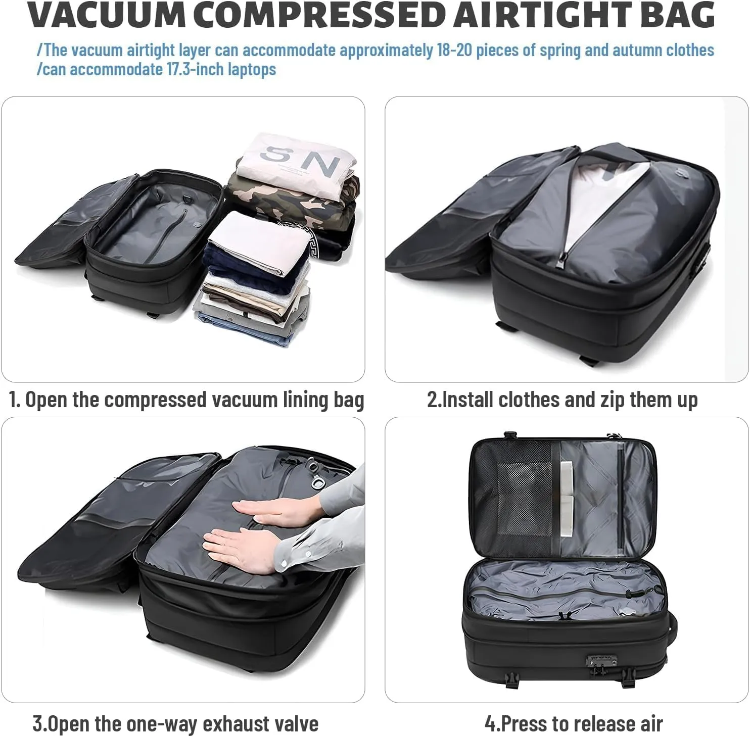 Spacevac Pro Backpack (60 L), Equipped with 1200 Mah Electric Air Pump, Space Vac Pro Large CapacityAnti-Theft Backpack (Gray)